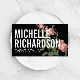 Vintage Florals Bold Text on Black Business Card