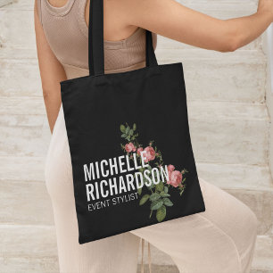 Vintage Florals Bold Text on Black Personalised Tote Bag