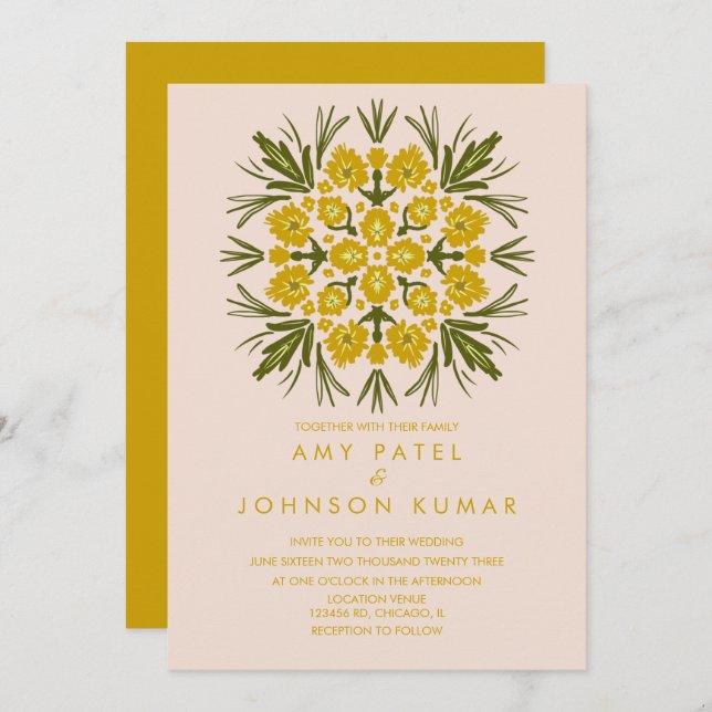 Vintage Florals Botanical Mandala Hand Drawn Invitation (Front/Back)