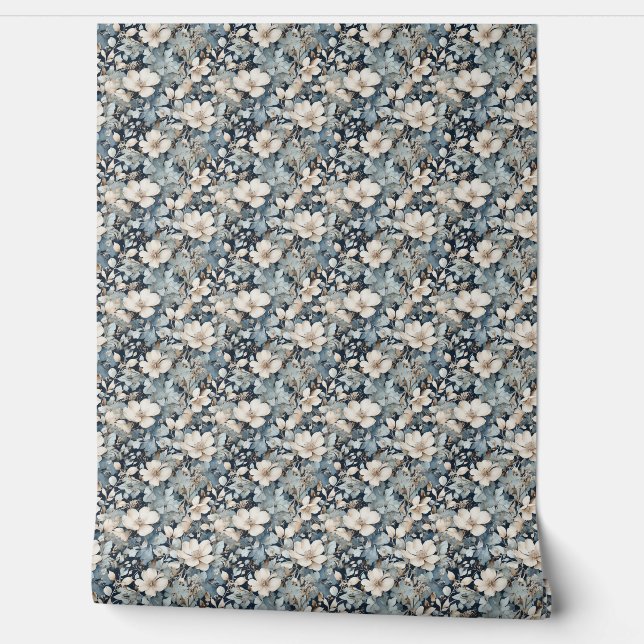 Vintage Florals in Shades of Blue Wallpaper (Unrolling)
