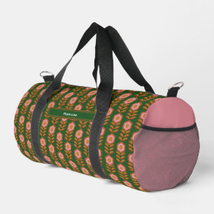 Vintage florals, pink on green retro monogrammed duffle bag