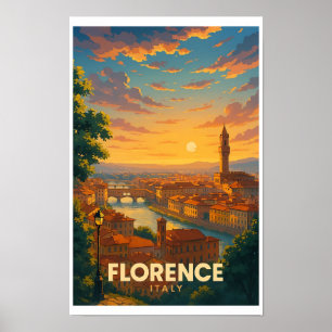 Vintage Florence Italy Travel Poster - Sunset Over