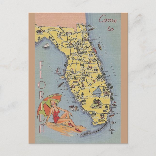 Vintage Florida Map Post Card (Front)
