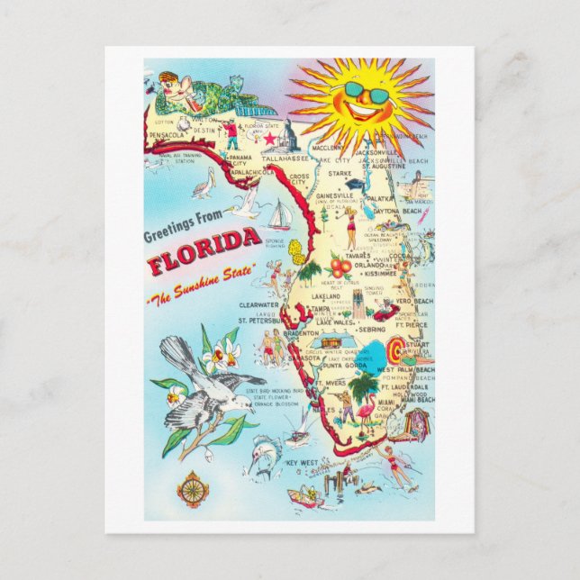 Vintage Florida Map Travel Postcard (Front)