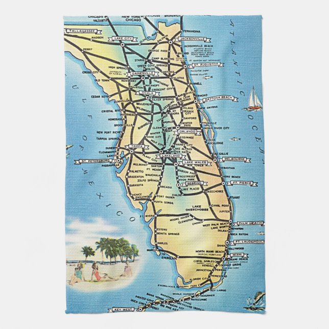 Vintage Florida map with highways Tea Towel (Vertical)