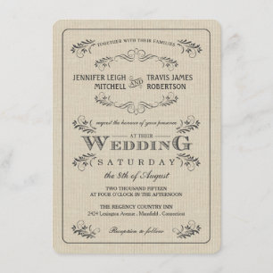 Vintage Flourish Burlap Wedding Invitations