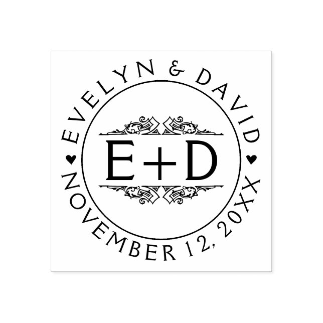 Vintage flourish frame, initials & hearts wedding rubber stamp (Imprint)