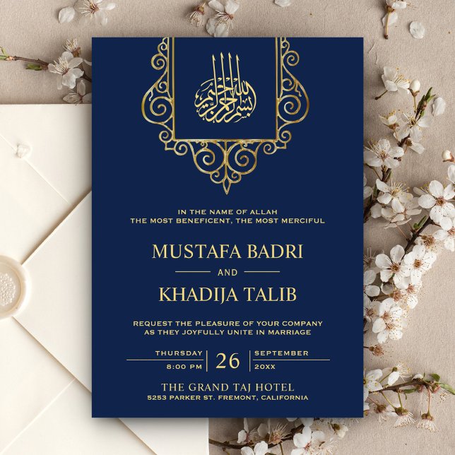 Vintage Flourish Gold Blue Islamic Wedding Invitation (Creator Uploaded)