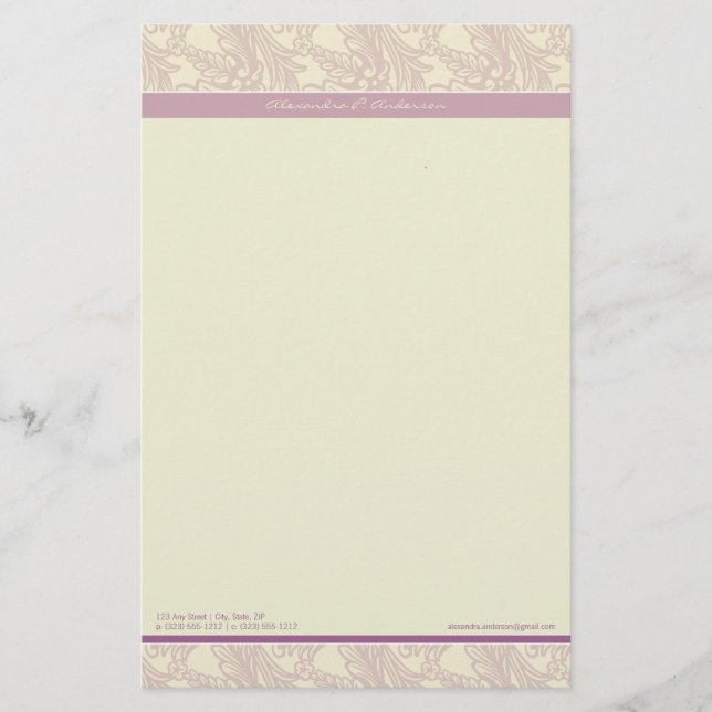 Vintage Flourish Lilac Customised Stationery (Front)