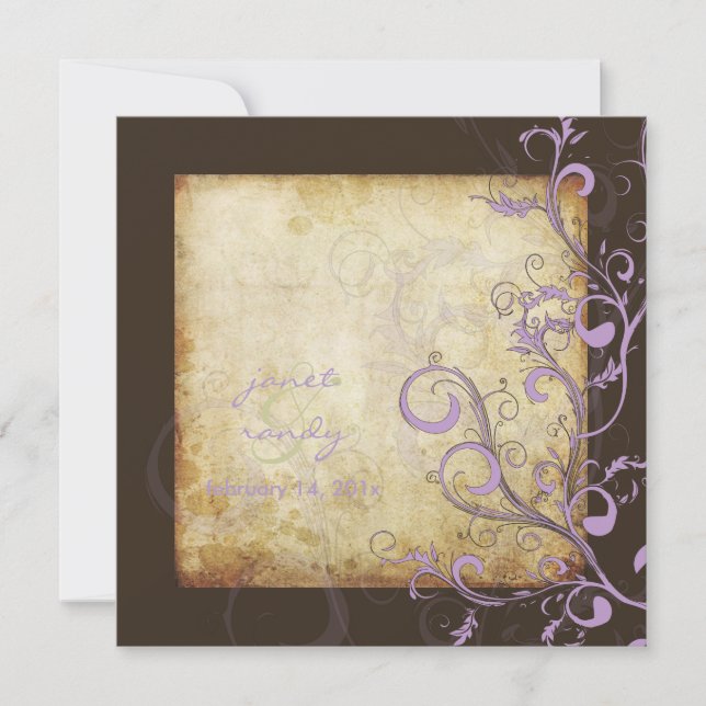 Vintage flourish swirls/chocolate/lilac/lavender invitation (Front)