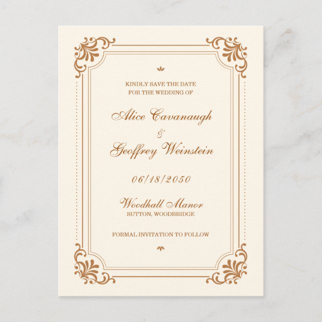 Vintage Flourish Wedding Save the Date Announcement Postcard (Front)