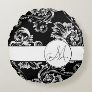 Vintage Flourish (White) (Monogram) Round Cushion