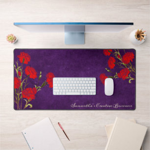 Vintage Flower Art Red Carnation Add Name Purple Desk Mat