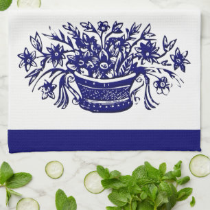 Vintage Flower Basket in Blue Kitchen Towel