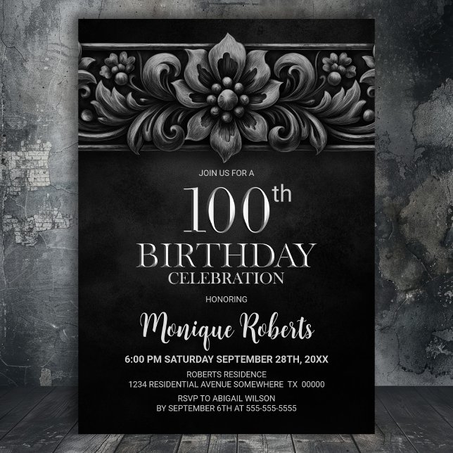 Vintage Flower Black 100th Birthday Party Invitation (Creator Uploaded)