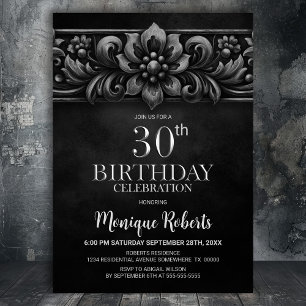Vintage Flower Black 30th Birthday Party Invitation