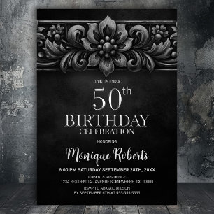 Vintage Flower Black 50th Birthday Party Invitation