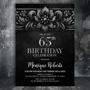 Vintage Flower Black 65th Birthday Party Invitation