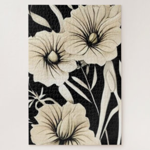 Vintage Flower Black and Beige Art Jigsaw Puzzle
