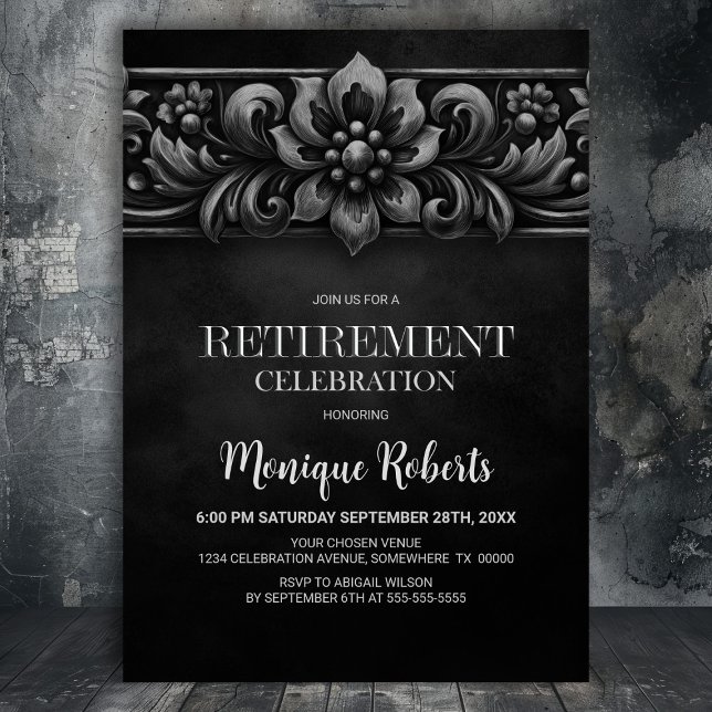 Vintage Flower Black Retirement Party Invitation (Creator Uploaded)
