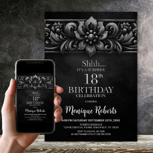 Vintage Flower Black Surprise 18th Birthday Party Invitation