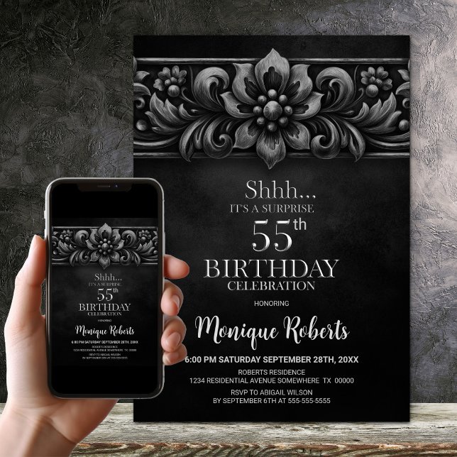 Vintage Flower Black Surprise 55th Birthday Party Invitation (Creator Uploaded)