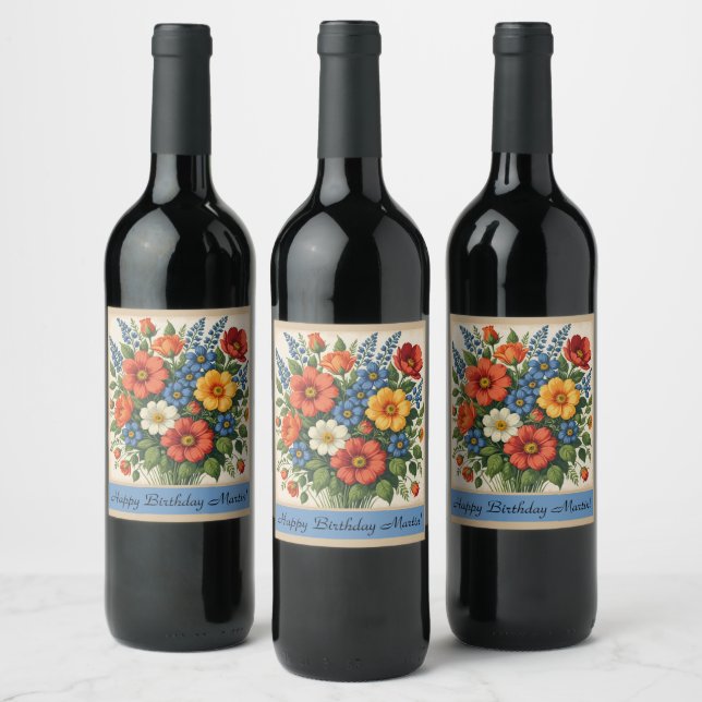 Vintage Flower Bouquet Birthday Wine Label (Bottles)
