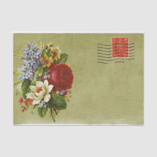 Vintage Flower Bouquet Green Mail with Red Stamp Tissue Paper