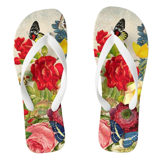 Vintage Flower Bouquet with Butterflies Flip Flops (Footbed)