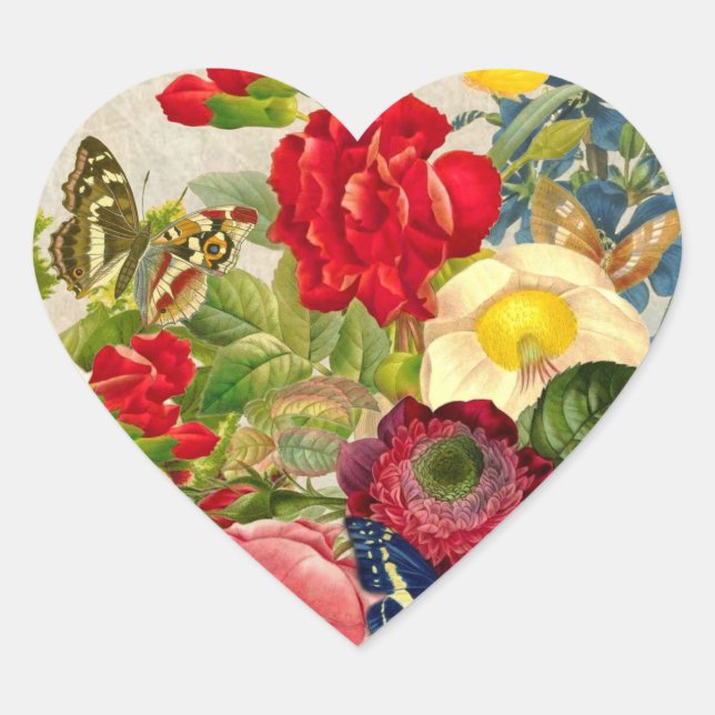 Vintage Flower Bouquet with Butterflies Heart Sticker (Front)