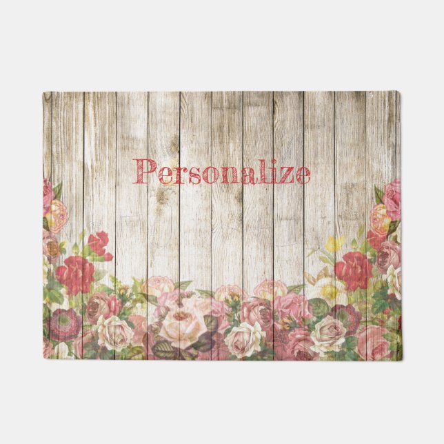 Vintage Flower Bouquet Wood Fence Personalise Doormat (Front)