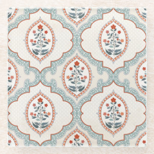 Vintage flower branches, Indian textile. Glass Coaster