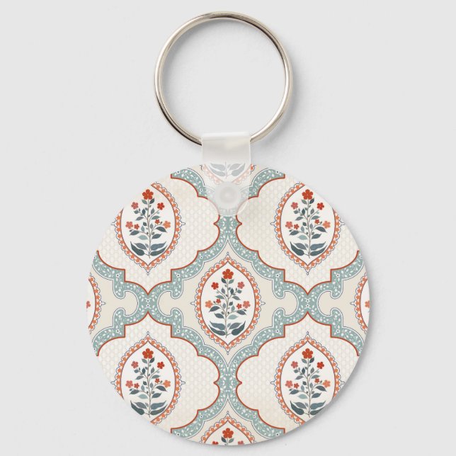 Vintage flower branches, Indian textile. Key Ring (Front)