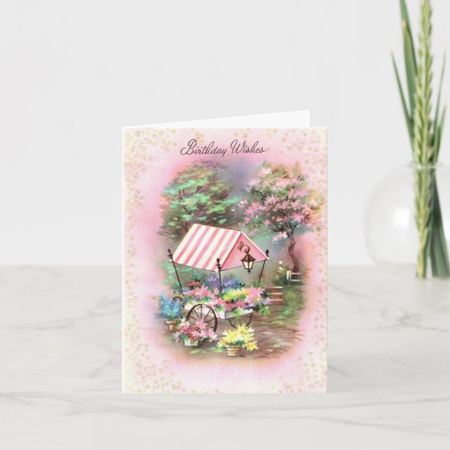 Vintage Flower Cart Birthday Wishes Card (Front)