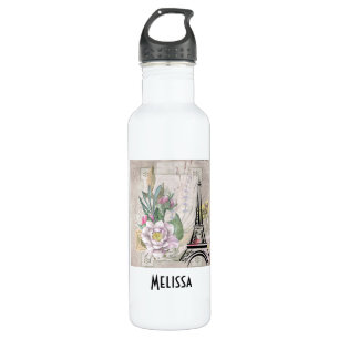 Vintage Flower Collage and Eiffel Tower Drawing 710 Ml Water Bottle