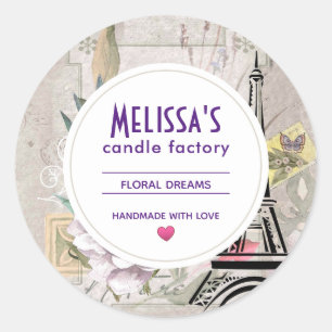 Vintage Flower Collage & Eiffel Tower Candle Soap Classic Round Sticker