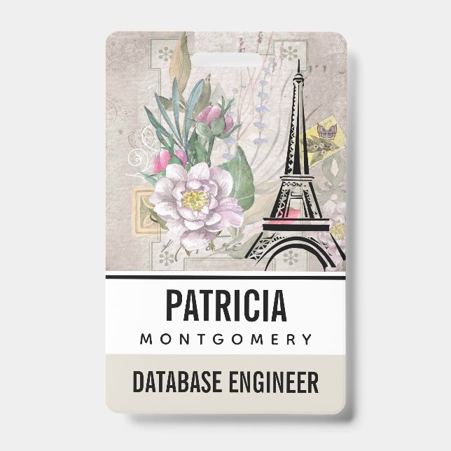 Vintage Flower Collage & Eiffel Tower Illustration ID Badge (Front)