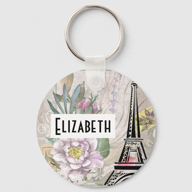 Vintage Flower Collage & Eiffel Tower Illustration Key Ring (Front)