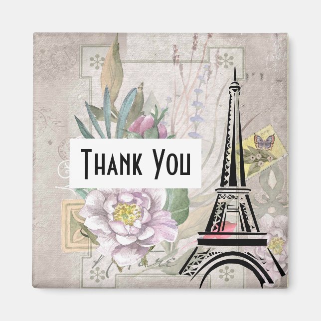 Vintage Flower Collage & Eiffel Tower Illustration Magnet (Front)