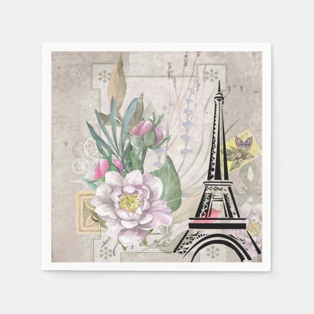 Vintage Flower Collage & Eiffel Tower Illustration Napkin (Front)