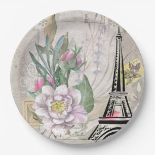 Vintage Flower Collage & Eiffel Tower Illustration Paper Plate