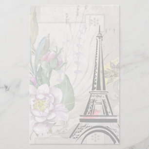 Vintage Flower Collage & Eiffel Tower Illustration Stationery