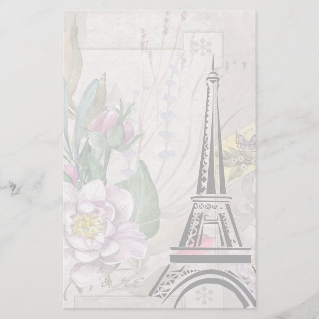 Vintage Flower Collage & Eiffel Tower Illustration Stationery (Front)