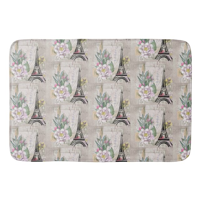 Vintage Flower Collage & Eiffel Tower Pattern Bath Mat (Front)