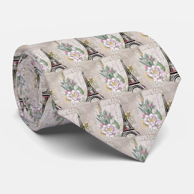 Vintage Flower Collage & Eiffel Tower Pattern Tie (Rolled)