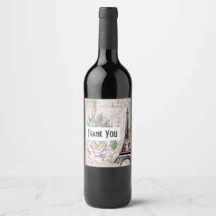 Vintage Flower Collage & Eiffel Tower Thank You Wine Label