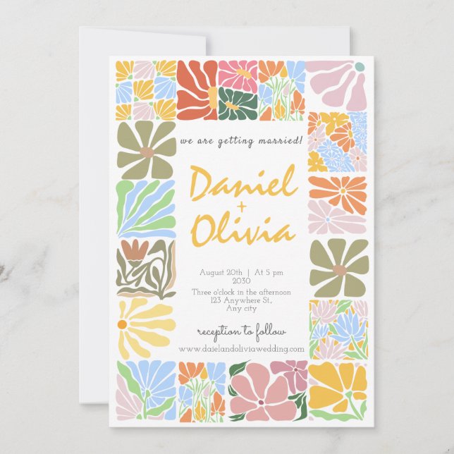 Vintage Flower Colourful Retro Wedding Invitation (Front)