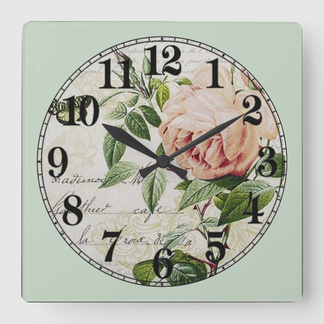 Vintage Flower Drawing Square Wall Clock (Front)