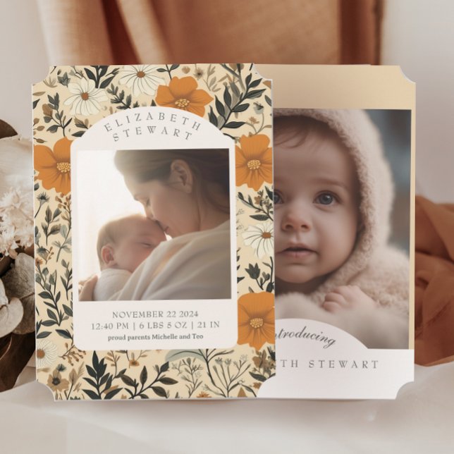 Vintage Flower Fall 2 Photo Birth Announcement (Creator Uploaded)