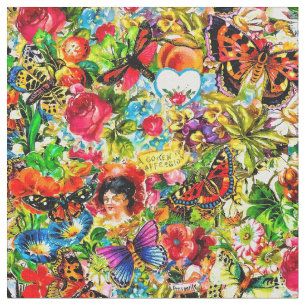 Vintage Flower Garden Colourful Butterfly Floral Fabric